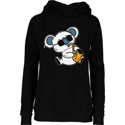 Koala Playing Saxophone Cute Band Member Womens Funnel Neck Pullover Hood