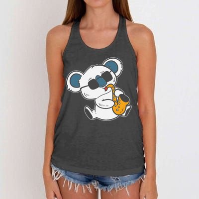 Koala Playing Saxophone Cute Band Member Women's Knotted Racerback Tank