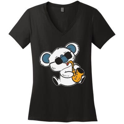 Koala Playing Saxophone Cute Band Member Women's V-Neck T-Shirt