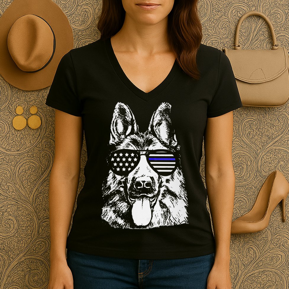 K9 Police Thin Blue Line German Shepherd Patriotic Women's V-Neck T-Shirt