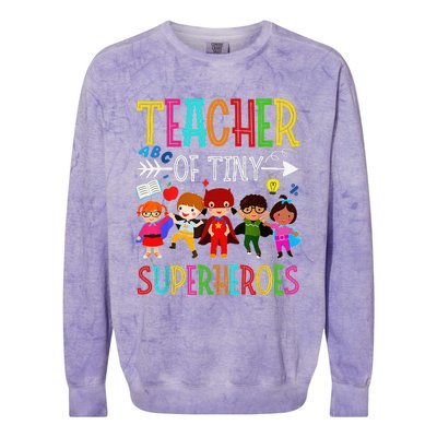 Kindergarten Prek Teacher of Tiny Superheroes Back to School Colorblast Crewneck Sweatshirt