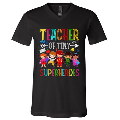 Kindergarten Prek Teacher of Tiny Superheroes Back to School V-Neck T-Shirt