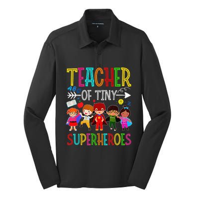 Kindergarten Prek Teacher of Tiny Superheroes Back to School Silk Touch Performance Long Sleeve Polo