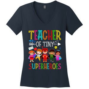 Kindergarten Prek Teacher Of Tiny Superheroes Back To School Women's V-Neck T-Shirt