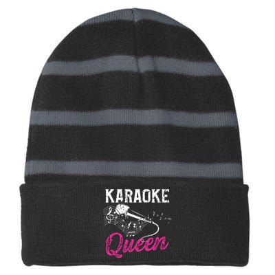 Karaoke Queen Night Funny Singer Bar Music Lover Singing Striped Beanie with Solid Band