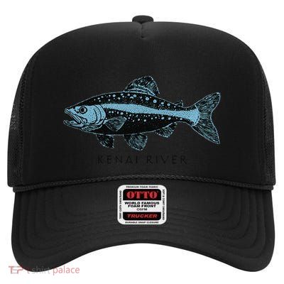 Kenai River Alaska Salmon Fish Art Fishing Kenai Peninsula High Crown Mesh Back Trucker Hat