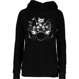 Kitten Rock Band Funny Kitty Drummer Cat Playing Drums Womens Funnel Neck Pullover Hood