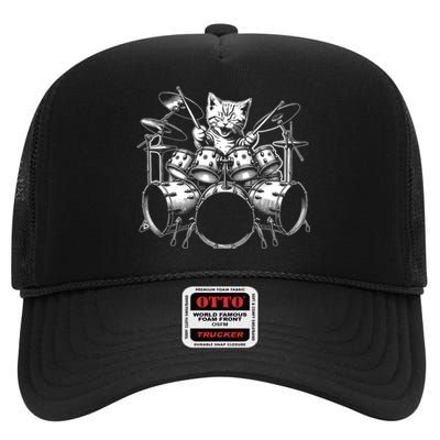 Kitten Rock Band Funny Kitty Drummer Cat Playing Drums High Crown Mesh Back Trucker Hat