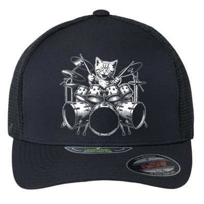 Kitten Rock Band Funny Kitty Drummer Cat Playing Drums Flexfit Unipanel Trucker Cap