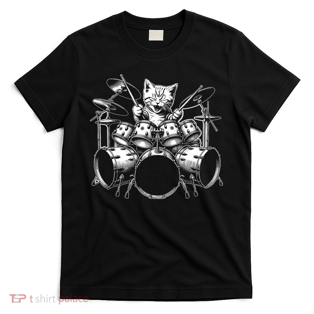 Kitten Rock Band Funny Kitty Drummer Cat Playing Drums T-Shirt