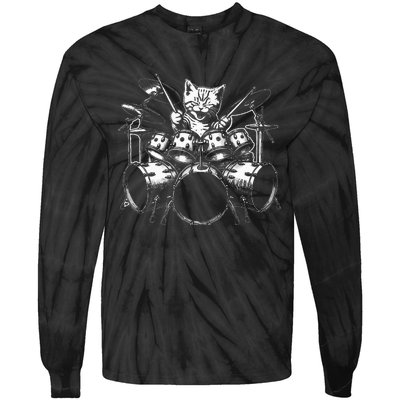 Kitten Rock Band Funny Kitty Drummer Tie-Dye Long Sleeve Shirt