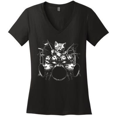 Kitten Rock Band Funny Kitty Drummer Women's V-Neck T-Shirt