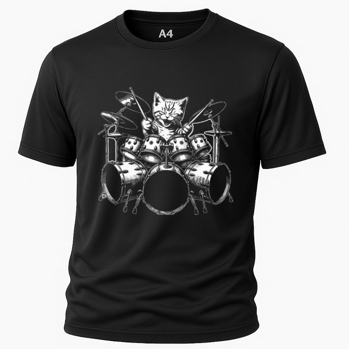 Kitten Rock Band Funny Kitty Drummer Cat Playing Cooling Performance Crew T-Shirt
