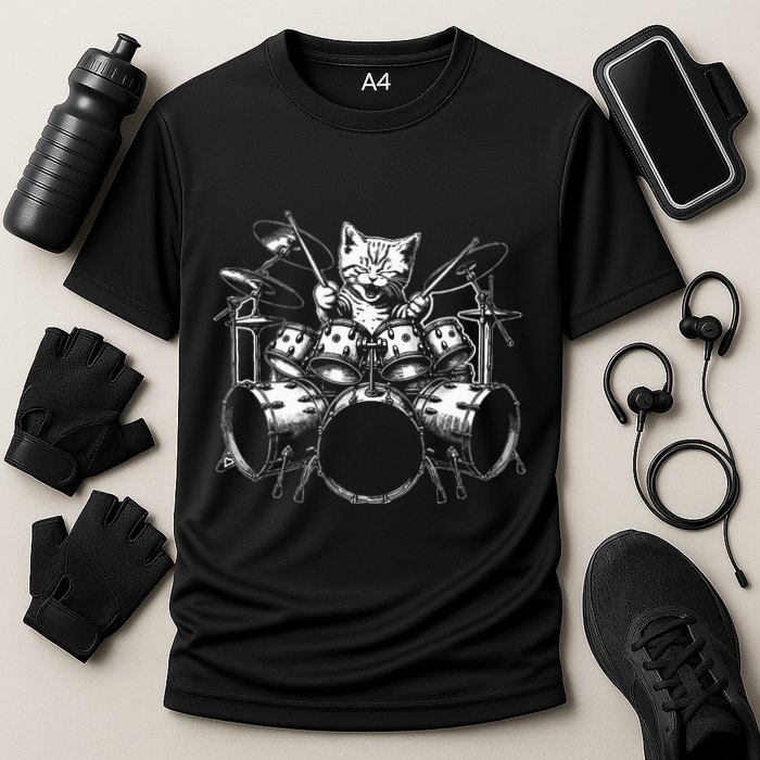 Kitten Rock Band Funny Kitty Drummer Cat Playing Cooling Performance Crew T-Shirt