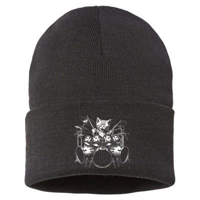 Kitten Rock Band Funny Kitty Drummer Cat Playing Sustainable Knit Beanie
