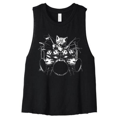 Kitten Rock Band Funny Kitty Drummer Cat Playing Women's Racerback Cropped Tank