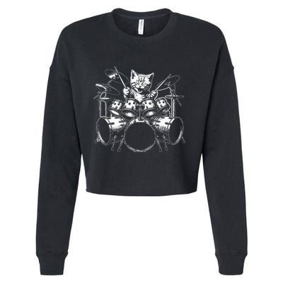 Kitten Rock Band Funny Kitty Drummer Cat Playing Cropped Pullover Crew