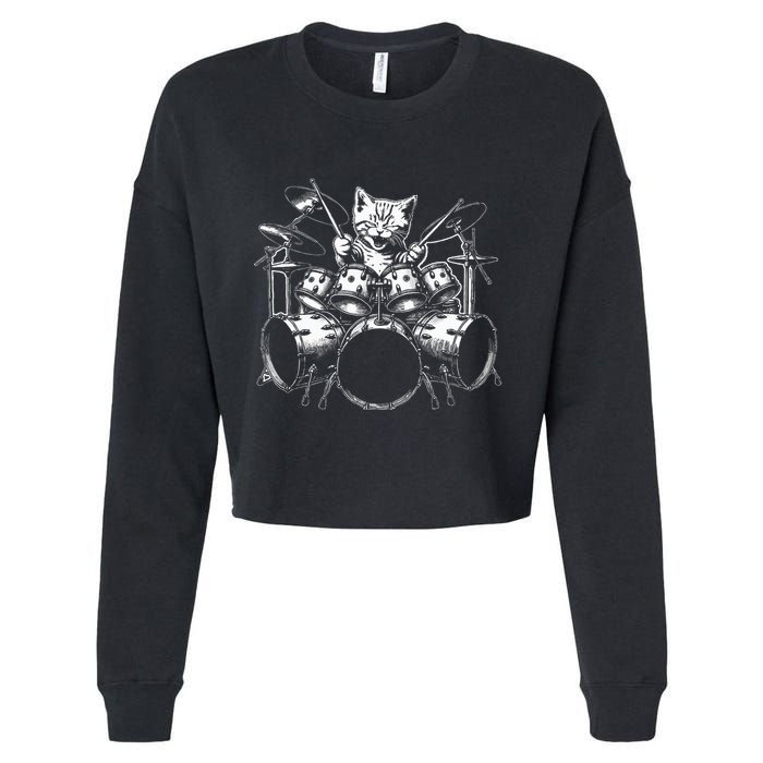 Kitten Rock Band Funny Kitty Drummer Cat Playing Cropped Pullover Crew