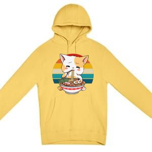 Kawaii Ramen Cat Retro Sunset Premium Pullover Hoodie