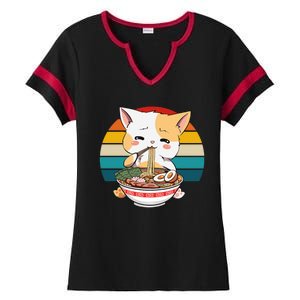 Kawaii Ramen Cat Retro Sunset Ladies Halftime Notch Neck Tee