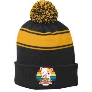 Kawaii Ramen Cat Retro Sunset Stripe Pom Pom Beanie