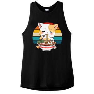 Kawaii Ramen Cat Retro Sunset Ladies PosiCharge Tri-Blend Wicking Tank