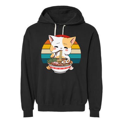 Kawaii Ramen Cat Retro Sunset Garment-Dyed Fleece Hoodie