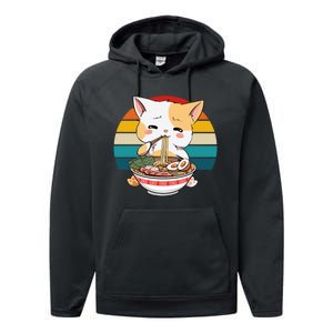 Kawaii Ramen Cat Retro Sunset Performance Fleece Hoodie