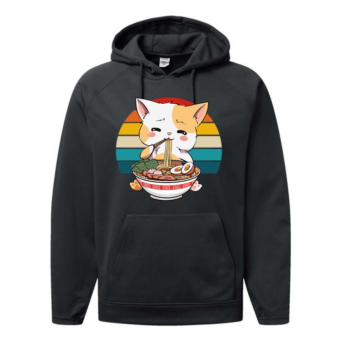 Kawaii Ramen Cat Retro Sunset Performance Fleece Hoodie