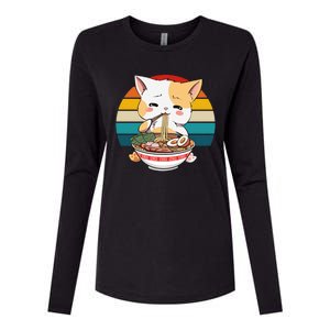 Kawaii Ramen Cat Retro Sunset Womens Cotton Relaxed Long Sleeve T-Shirt