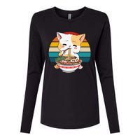 Kawaii Ramen Cat Retro Sunset Womens Cotton Relaxed Long Sleeve T-Shirt