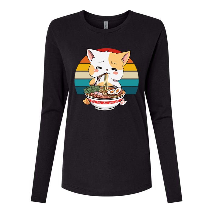 Kawaii Ramen Cat Retro Sunset Womens Cotton Relaxed Long Sleeve T-Shirt