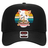 Kawaii Ramen Cat Retro Sunset High Crown Mesh Back Trucker Hat