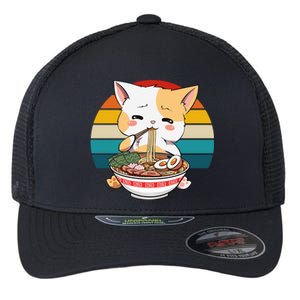 Kawaii Ramen Cat Retro Sunset Flexfit Unipanel Trucker Cap