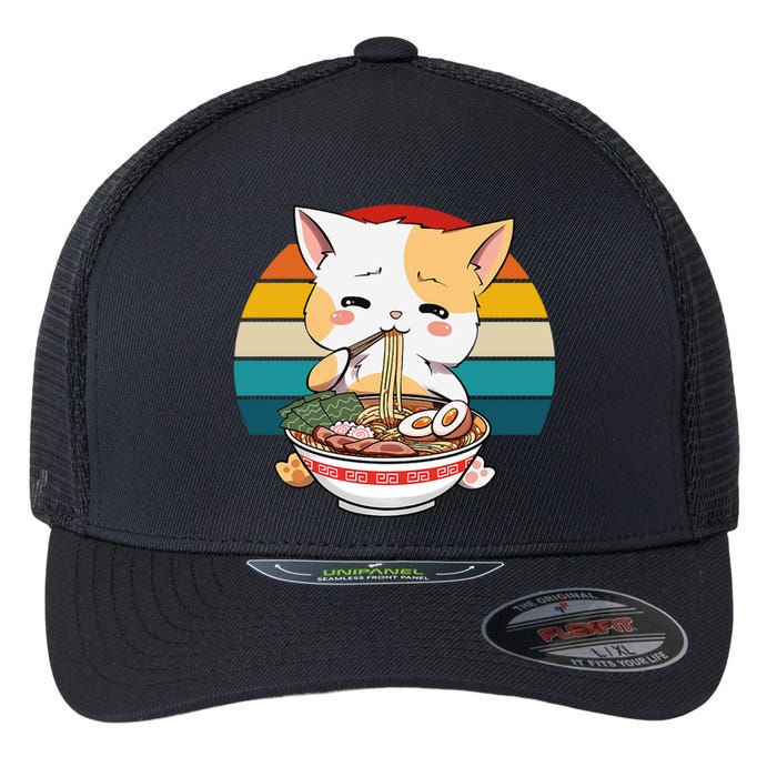 Kawaii Ramen Cat Retro Sunset Flexfit Unipanel Trucker Cap