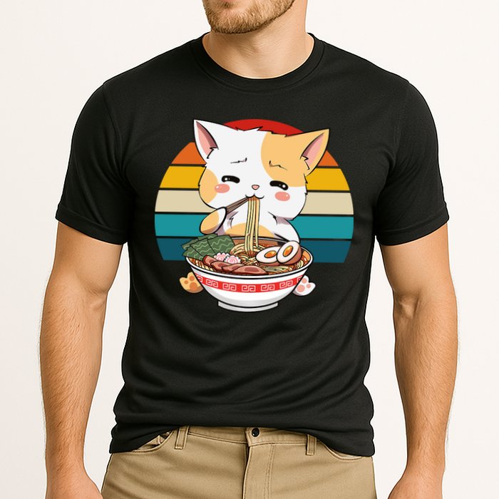 Kawaii Ramen Cat Retro Sunset Cooling Performance Crew T-Shirt