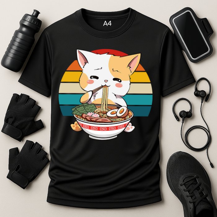 Kawaii Ramen Cat Retro Sunset Cooling Performance Crew T-Shirt