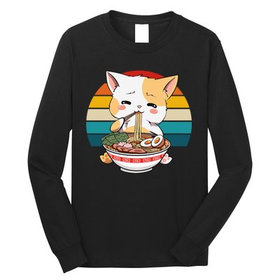 Kawaii Ramen Cat Retro Sunset Long Sleeve Shirt