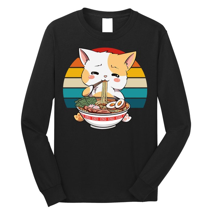 Kawaii Ramen Cat Retro Sunset Long Sleeve Shirt