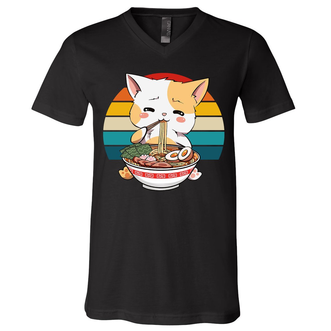 Kawaii Ramen Cat Retro Sunset V-Neck T-Shirt