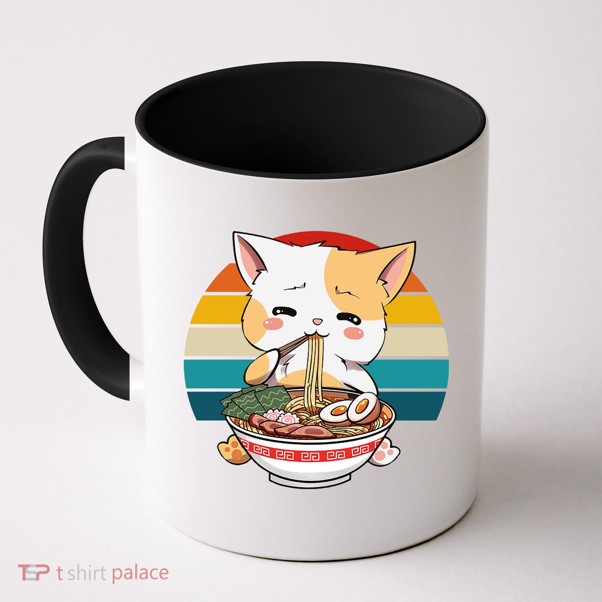Kawaii Ramen Cat Retro Sunset Mug