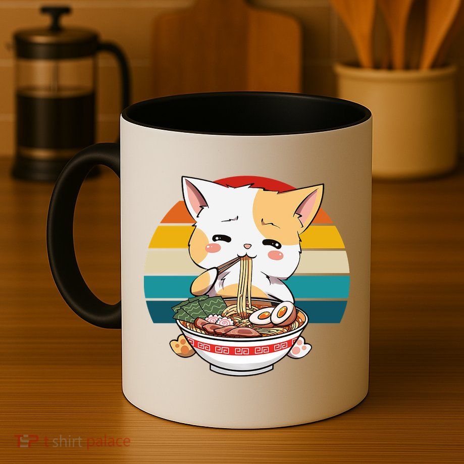 Kawaii Ramen Cat Retro Sunset Mug
