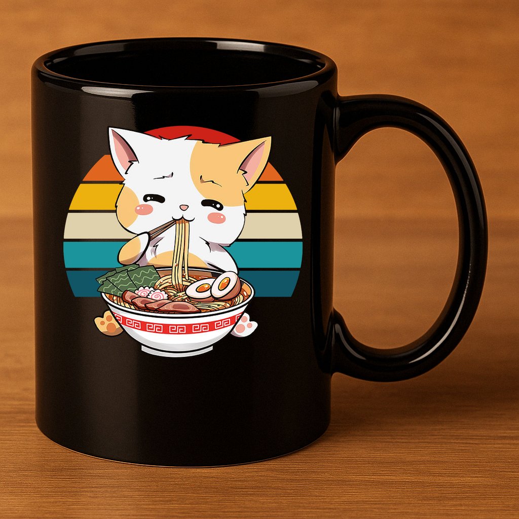 Kawaii Ramen Cat Retro Sunset 11oz C Handle Ceramic Mug