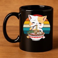 Kawaii Ramen Cat Retro Sunset 11oz C Handle Ceramic Mug