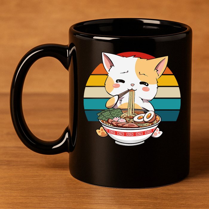 Kawaii Ramen Cat Retro Sunset 11oz C Handle Ceramic Mug