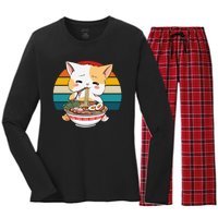 Kawaii Ramen Cat Retro Sunset Women's Long Sleeve Flannel Pajama Set 