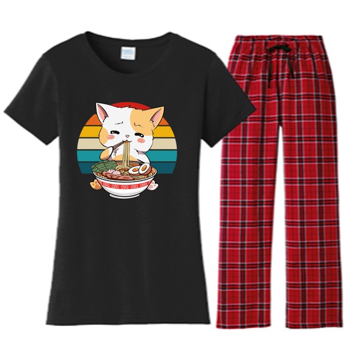 Kawaii Ramen Cat Retro Sunset Women's Flannel Pajama Set