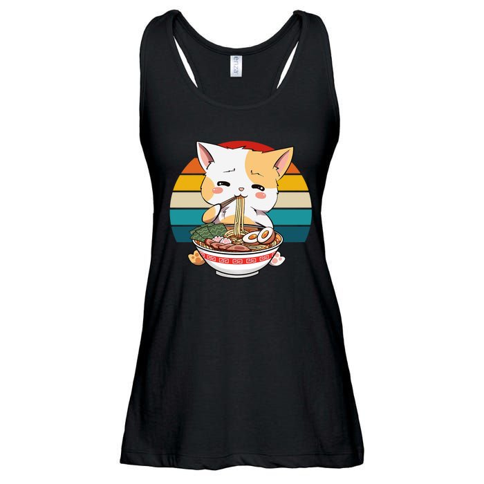 Kawaii Ramen Cat Retro Sunset Ladies Essential Flowy Tank