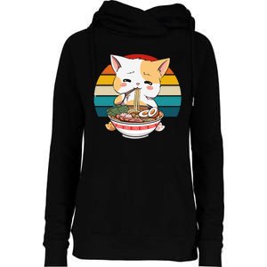 Kawaii Ramen Cat Retro Sunset Womens Funnel Neck Pullover Hood