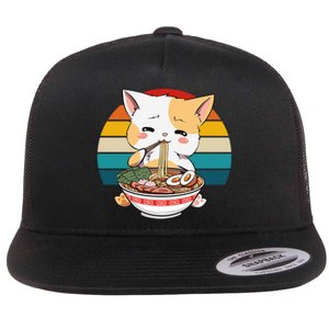 Kawaii Ramen Cat Retro Sunset Flat Bill Trucker Hat